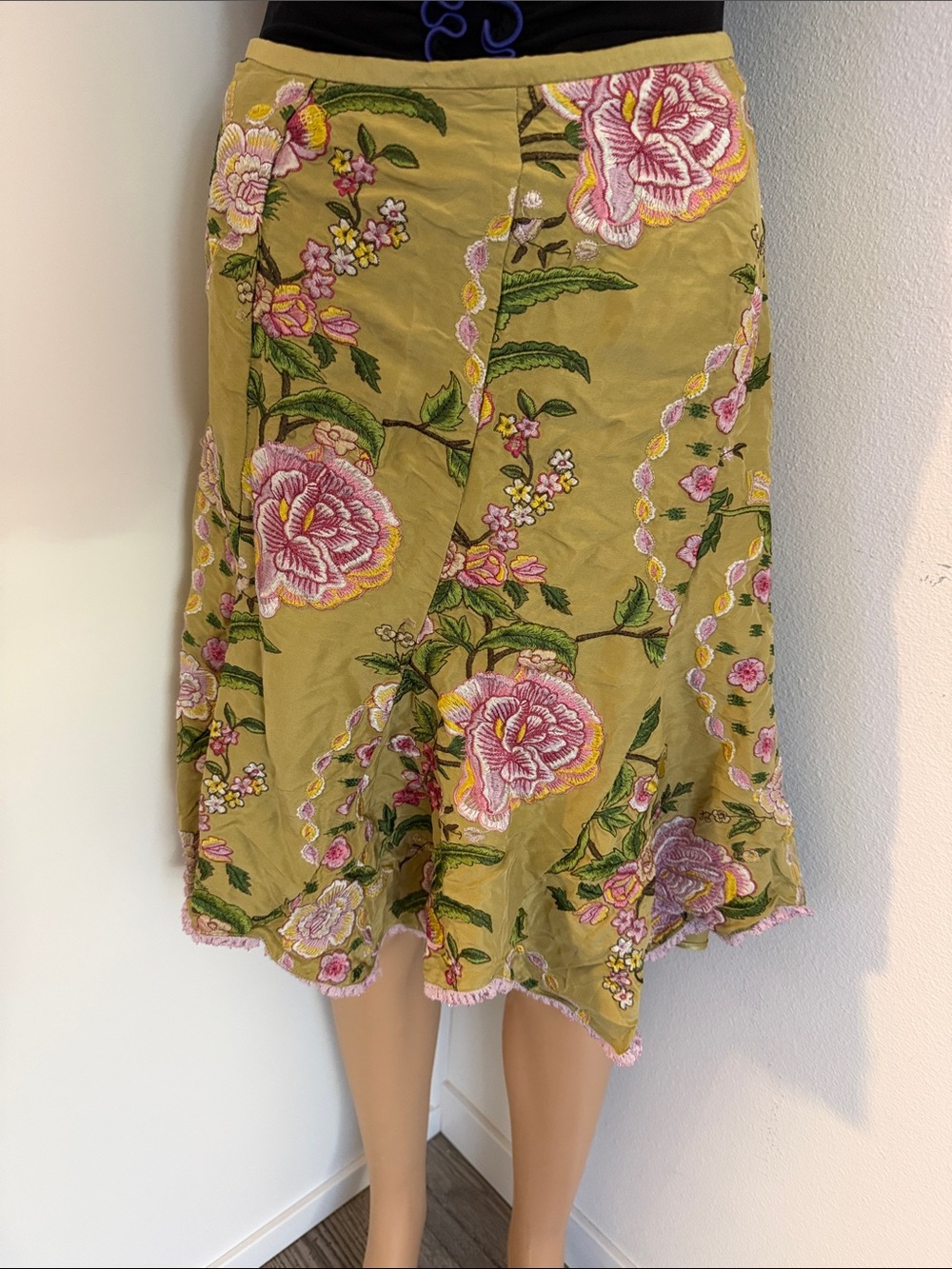 Y2K Vintage ECI Olive Green A-Line Skirt with Pink Floral Embroidery